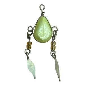 Handmade Wire Wrapped Light Green Stone Leaf Dangle Pendant Bohemian Silver Tone